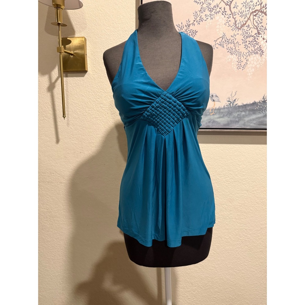 Heart Soul Teal Blue Halter Top Woven Lattice Bust Empire Waist Size Small‎